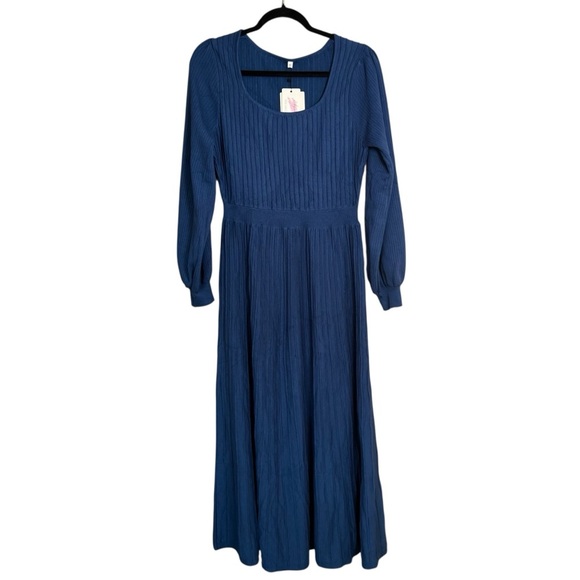 NWT Amazon Agseem Blue Long Sleeve Ribbed Knit Maxi Dress 100% Viscose - Picture 1 of 13